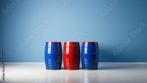 High-quality red blue barrel mockup for packaging design. Lifelike textures and customizable logos or labels, ideal for presenting industrial drums used in liquids or chemical storage photo