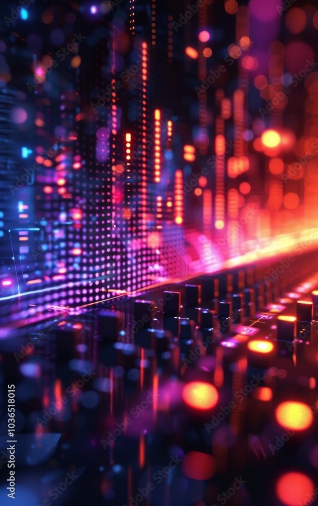 A vibrant, abstract scene featuring colorful lights and digital patterns, evoking a sense of sound waves and technology. A vibrant, abstract scene featuring colorful lights and digital patterns, evoking a sense of sound waves and technology.