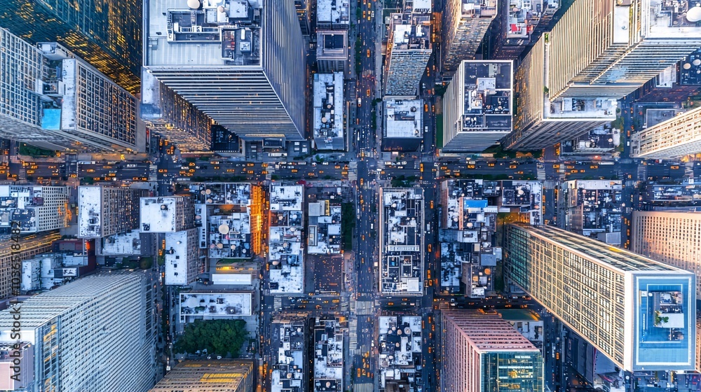 Aerial view of a dense urban cityscape with skyscrapers, streets, and traffic. Aerial view of a dense urban cityscape with skyscrapers, streets, and traffic.