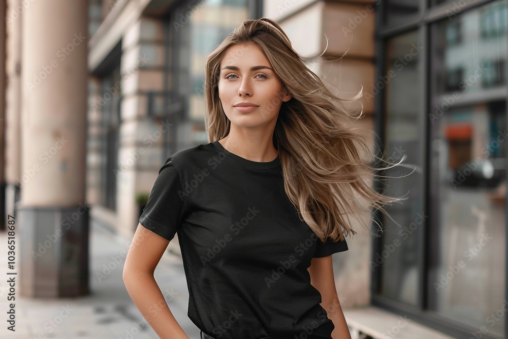 a woman with long hair standing in front of a building a woman with long hair standing in front of a building