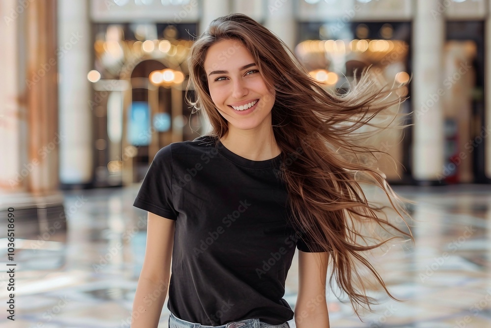 Fototapeta premium a woman with long brown hair is smiling