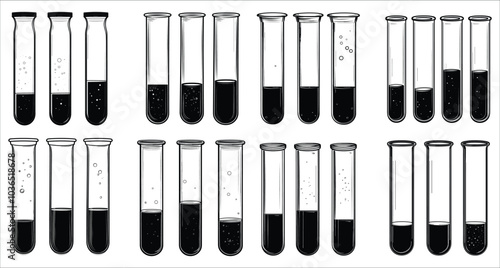 Science & chemistry test tube silhouettes vector. Scientific test tube silhouettes vector art. Vector test tube silhouettes collection. Lab equipment silhouettes vector illustrations