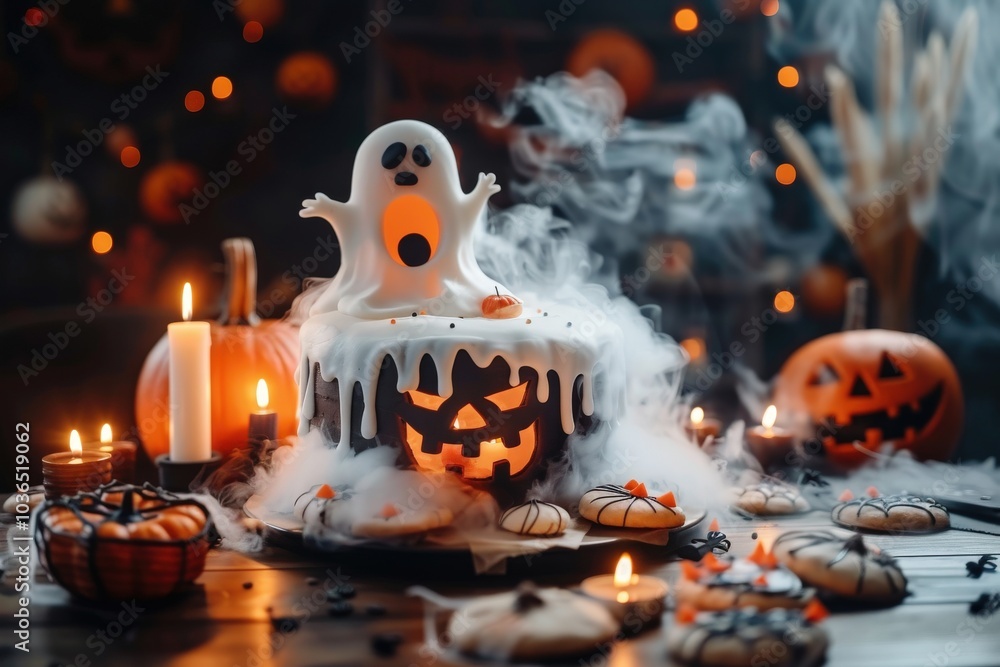 Spooky Halloween Cake with Ghost and Jack-o'-Lantern Design Spooky Halloween Cake with Ghost and Jack-o'-Lantern Design