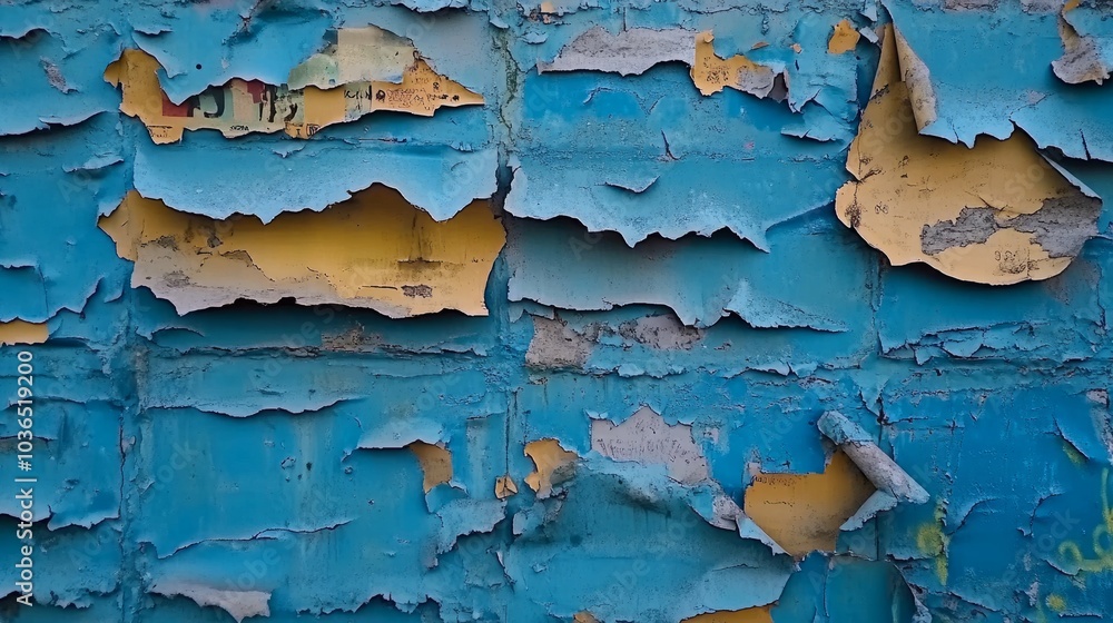 Obraz premium Closeup of a blue wall with peeling paint, revealing yellow paint underneath.