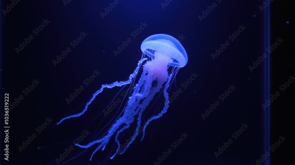 A jellyfish floating in front of a dark studio-lit background, its translucent body glowing under soft light A jellyfish floating in front of a dark studio-lit background, its translucent body glowing under soft light