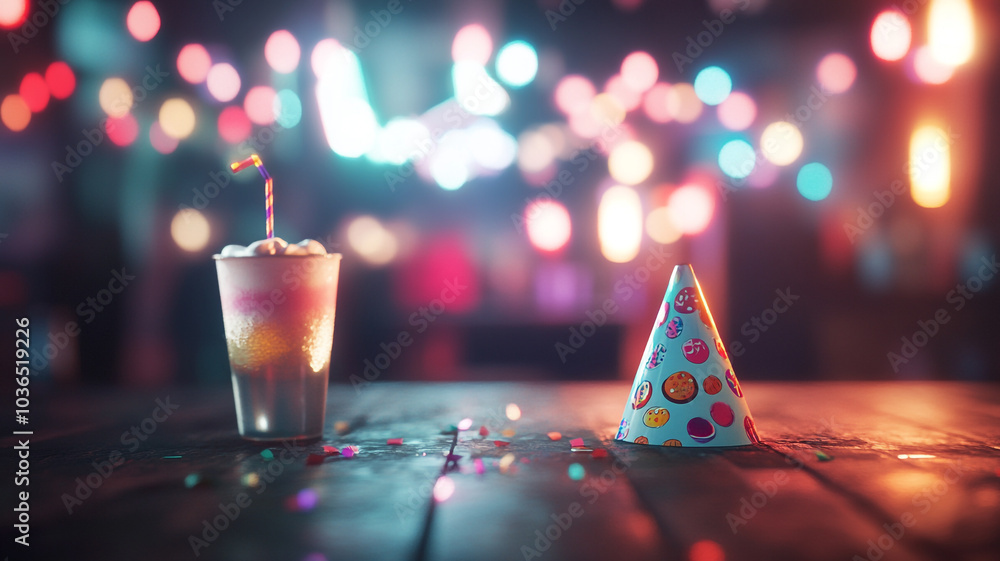 Celebrating New Year's Eve with festive drinks and party hats in a lively atmosphere Celebrating New Year's Eve with festive drinks and party hats in a lively atmosphere