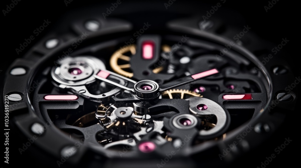 Closeup of a complex mechanical watch movement with intricate gears and delicate components. Closeup of a complex mechanical watch movement with intricate gears and delicate components.