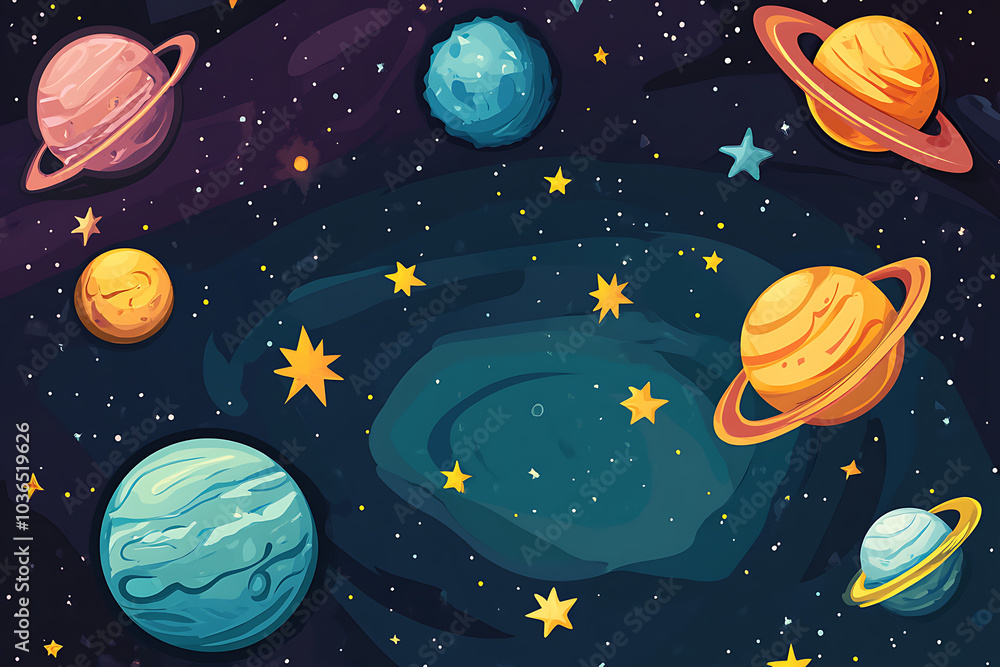 Colorful illustration of planets and stars in a cosmic space background. Colorful illustration of planets and stars in a cosmic space background.