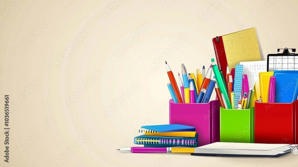Colorful school supplies in containers on a beige background with copy space. Colorful school supplies in containers on a beige background with copy space.