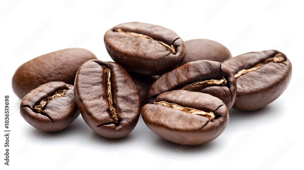 Coffee beans are clustered on a white surface. Coffee beans are clustered on a white surface.