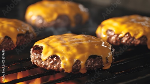 grilling burgers on a BBQ closeup iamge with melting cheese on toop photo