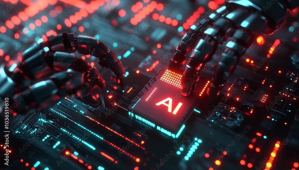 3D Render of an Icon Labeled AI with Microchips and Robot Hand
3D Render of an Icon Labeled AI with Microchips and Robot Hand