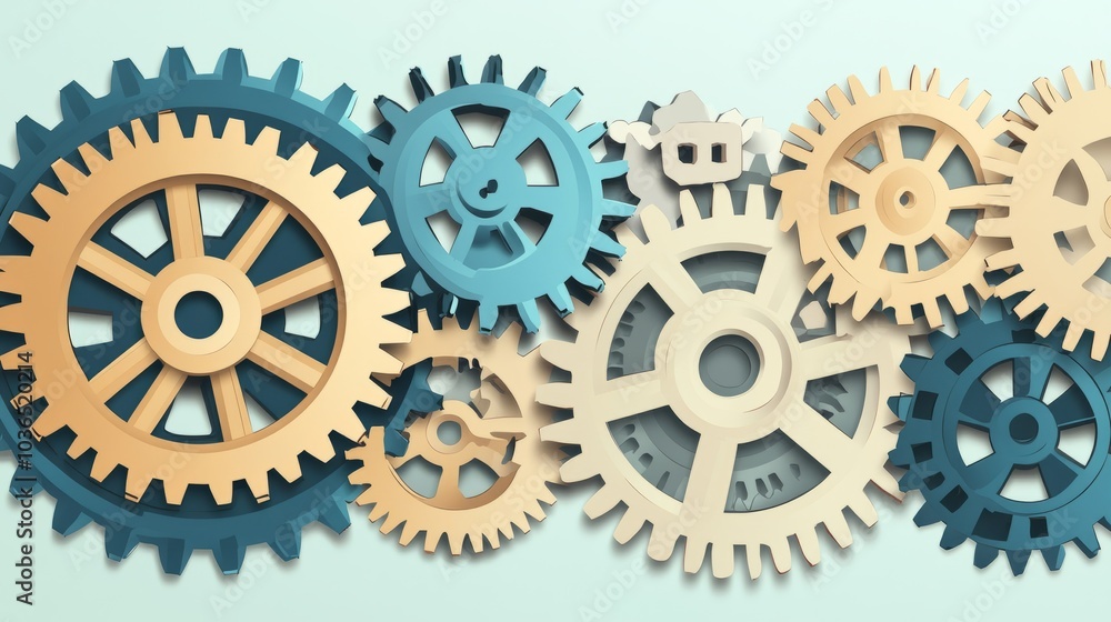 Interlocking gears in blue, beige and grey, on a light blue background. Interlocking gears in blue, beige and grey, on a light blue background.