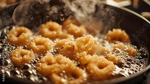  crispy fried calamari sizzling in hot oil photo