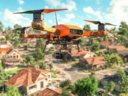 Drone security camera flying over a neighborhood, recording from above, 3D illustration