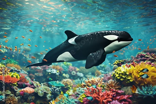 an orca whale swims over a colorful coral reef