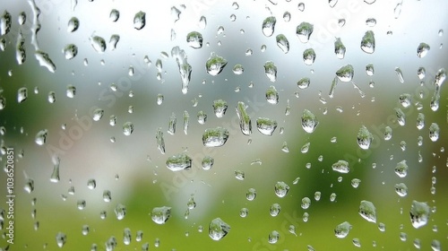 Raindrops on a window pane, creating a blurred background of green trees and buildings.