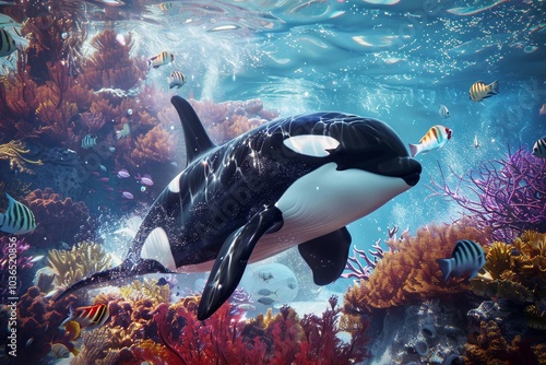 an orca whale swims through a coral reef