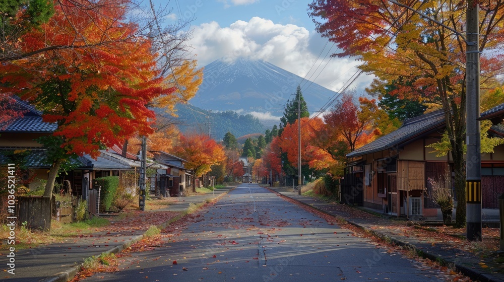 road with colorful maple trees in autumn pass through traditional Japanese village to Fuji mountain at countryside of Japan.