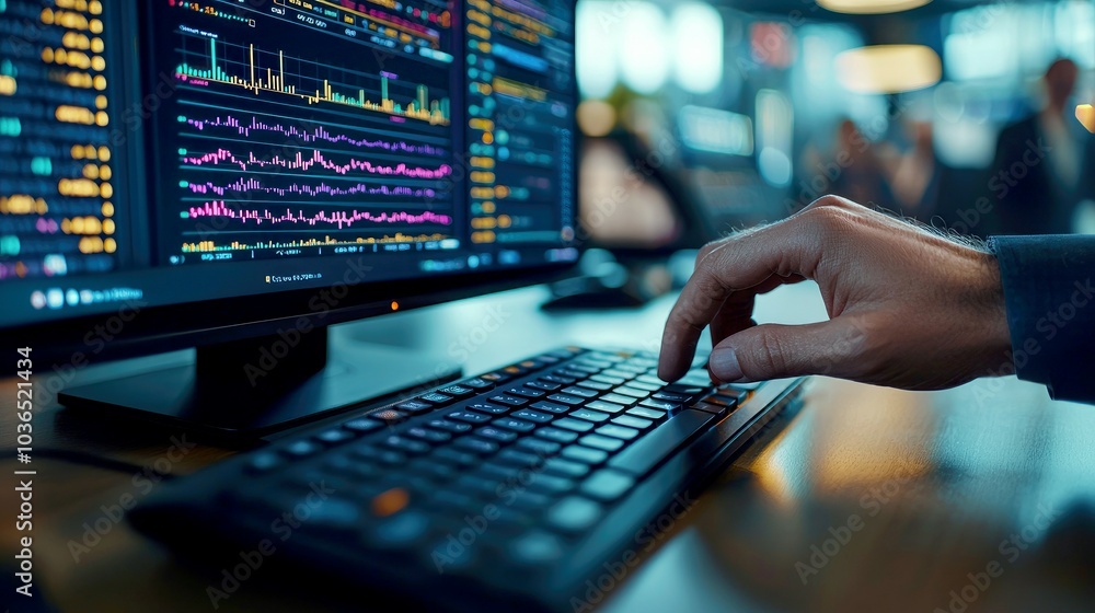 A man's hand is typing on a keyboard in front of a computer monitor displaying stock market data. A man's hand is typing on a keyboard in front of a computer monitor displaying stock market data.