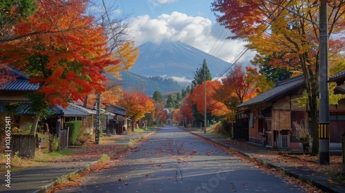 road with colorful maple trees in autumn pass through traditional Japanese village to Fuji mountain at countryside of Japan.	 photo