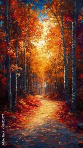 Autumn Forest Path Oil Painting Illustration