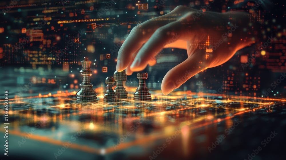 A hand moves a chess piece on a glowing digital board, symbolizing strategy in the age of connectivity and technology. A hand moves a chess piece on a glowing digital board, symbolizing strategy in the age of connectivity and technology.
