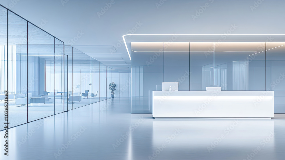 Modern office, elegant lobby, long glass windows Modern office, elegant lobby, long glass windows