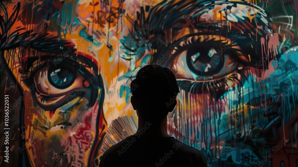 Fototapeta premium Street Art: Man Gazing at Colorful Graffiti Eye Mural