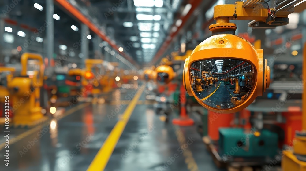 Security camera in a factory, monitoring automated machines and workers, 3D illustration Security camera in a factory, monitoring automated machines and workers, 3D illustration
