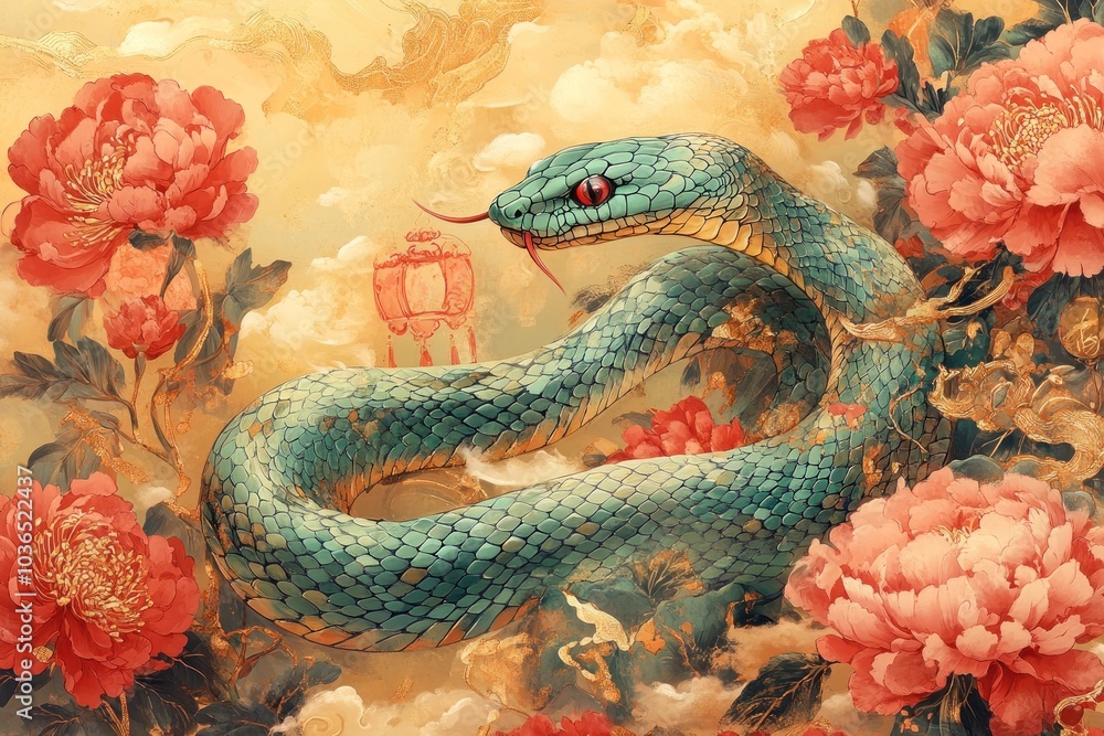 A Green Snake Coiled Amongst Pink Peonies and Gold Accents