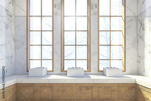 Three Windows with White Marble and Wooden Trim photo