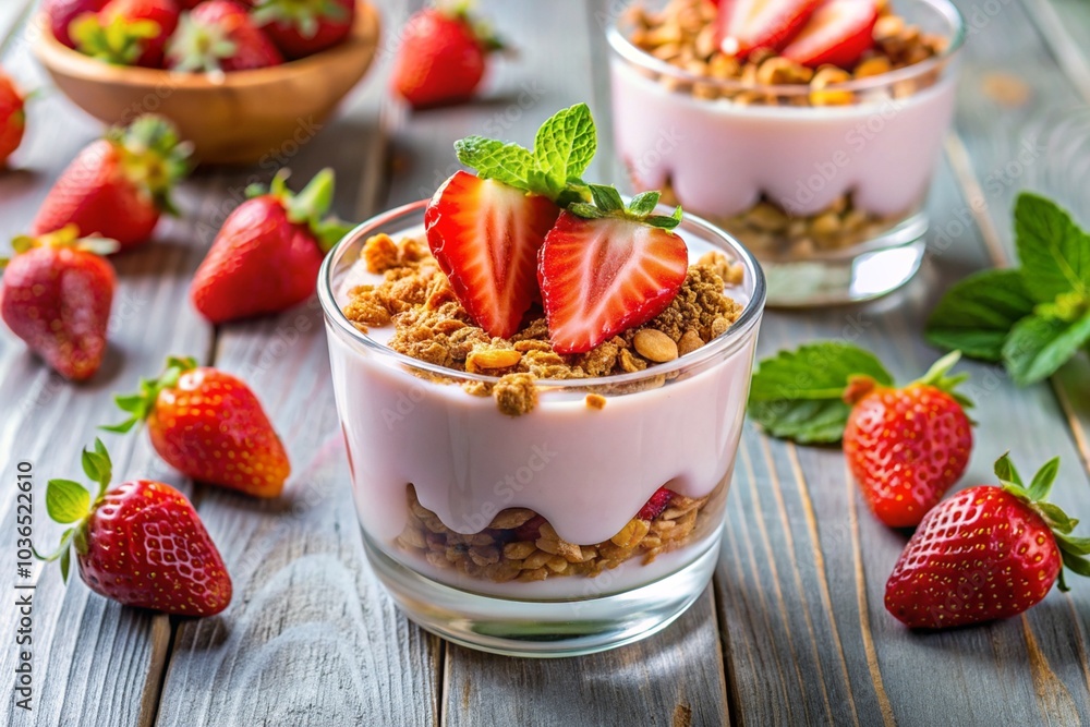 A bowl of strawberry yogurt with fresh strawberries and mint leaves A bowl of strawberry yogurt with fresh strawberries and mint leaves