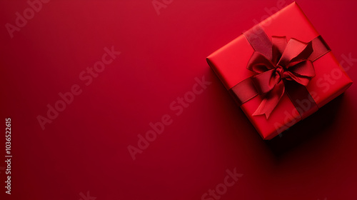 red gift box tied bow with ribbon on red color background , Red gift box with a ribbon on a clean burgundy background , beautiful box modern design 