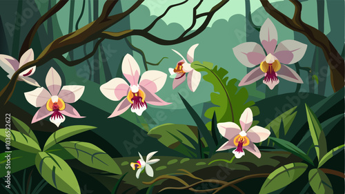 Wild orchids bloom in abundance a the tangled branches their delicate petals contrasting against the rugged jungle terrain.