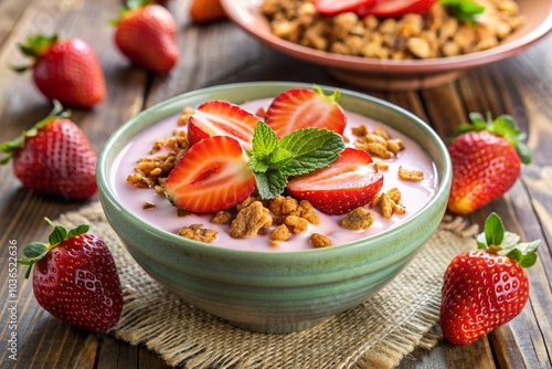 A bowl of strawberry yogurt with fresh strawberries and mint leaves