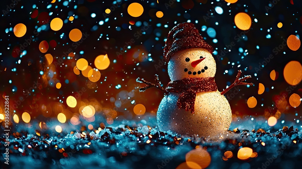 Fototapeta premium Christmas Background, Cheerful snowman surrounded by glowing lights and falling snowflakes.