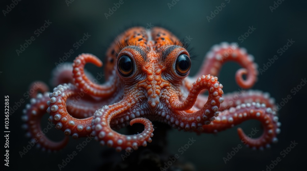 Obraz premium An octopus in a close-up studio shot, its large expressive eyes looking directly into the camera