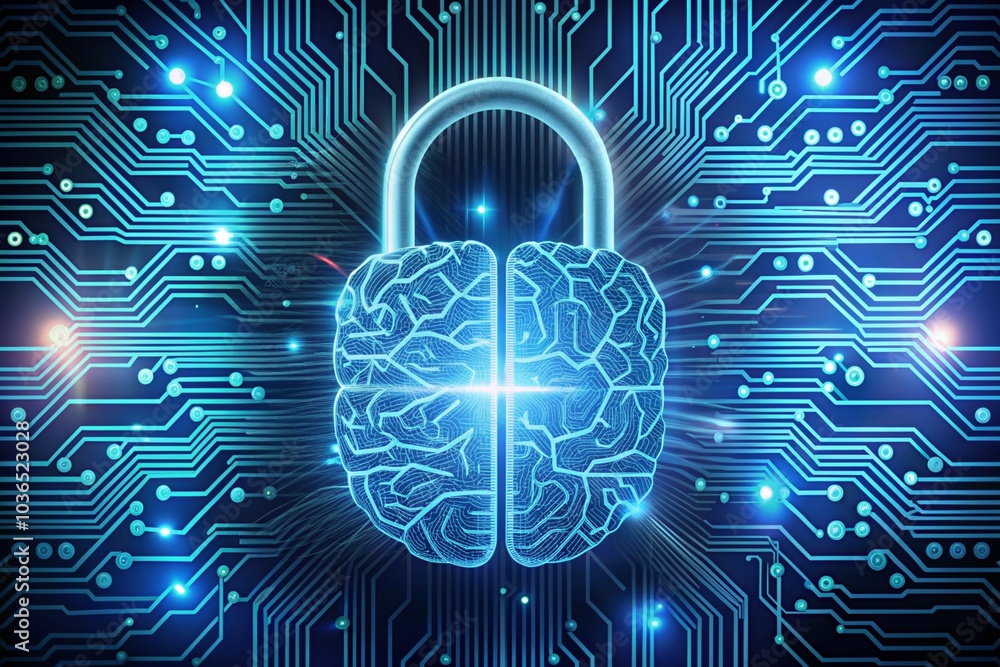 A computer chip with a brain on it and a lock