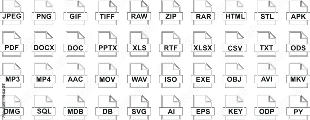 File format icons JPEG, PDF, DOCX, ZIP, MP3, SQL, RAW displayed in vector. visualizing file types, extensions for web, graphic design, multimedia, programming, document management File format icons JPEG, PDF, DOCX, ZIP, MP3, SQL, RAW displayed in vector. visualizing file types, extensions for web, graphic design, multimedia, programming, document management