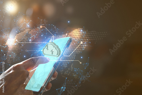 Man used technology smartphone for send and recive DATA with clo