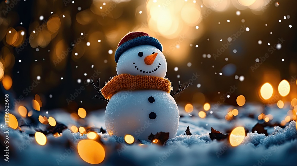 Christmas Background, Joyful snowman surrounded by soft snow and warm glowing lights in winter scenery. Christmas Background, Joyful snowman surrounded by soft snow and warm glowing lights in winter scenery.