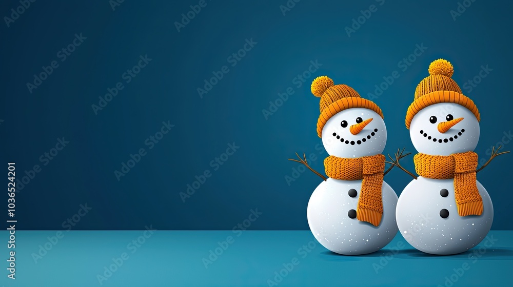 Christmas Background, Two cheerful snowmen with orange hats and scarves on a blue background. Christmas Background, Two cheerful snowmen with orange hats and scarves on a blue background.