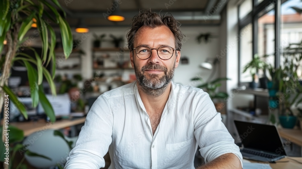 Obraz premium Smiling Professional Man in White Shirt Working in a Bright, Plant-Filled Office, Surrounded by Natural Light and Modern Workspace, Reflecting a Positive and Productive Work Environment