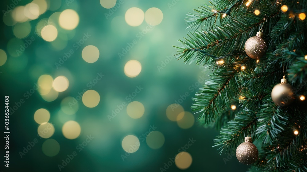 Christmas tree branch with garland in front of green background. Christmas tree branch with garland in front of green background.