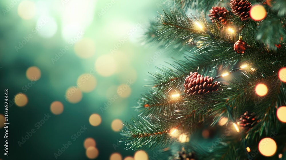 Christmas tree branch with garland in front of green background. Christmas tree branch with garland in front of green background.