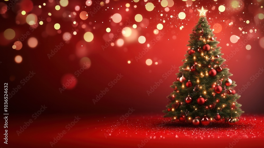 Christmas Tree With Ornament And Bokeh Lights In Red Background Christmas Tree With Ornament And Bokeh Lights In Red Background