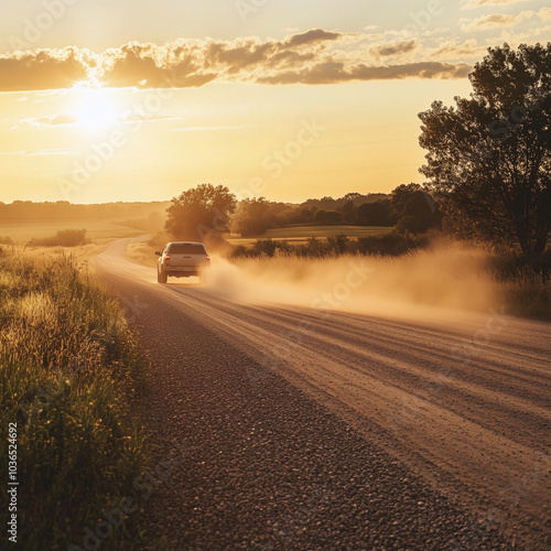SUV driving along a dusty road, serene mood, heading toward a sunset in a pastoral scene with copy space