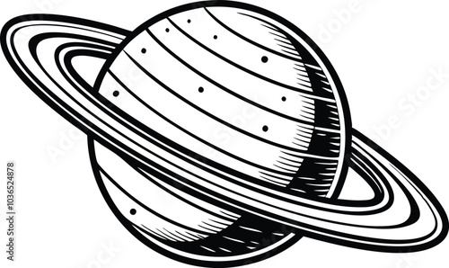 Black and White Saturn Engraving Detailed Planet Illustration on White Background.