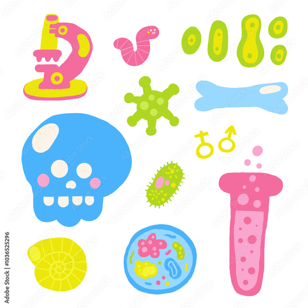 Cute science theme composition, postcard with funny hand drawn doodle biology, microbiology microscope, worm, cell, skull, test tube, bone, virus, bacteria. School, science, education objects set Cute science theme composition, postcard with funny hand drawn doodle biology, microbiology microscope, worm, cell, skull, test tube, bone, virus, bacteria. School, science, education objects set
